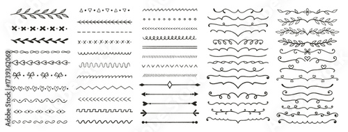 Flourish, dividers, crayon set. Black pencil drawings. Doodle chalk decorative marks, lines, underline, strikethrough, arrows, twigs with leaves. Hand drawn symbols. Vector illustration on white bg