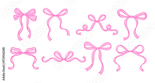 Coquette pink bows set. Cute line art drawing, vintage tied ribbon. Birthday, Wedding, Valentine's gift in retro style. Baby shower decoration, girl, romantic design. Doodle lace, vector illustration.