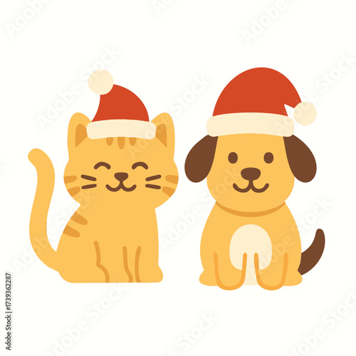 Cute Cat and Dog in Santa Hats Beside Gift Stack, Flat Vector Holiday Illustration Isolated on White Background