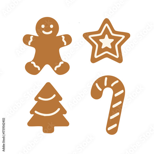 Gingerbread Cookies Set—House, People, Trees and Stars, Flat Vector Icons Isolated on White Background