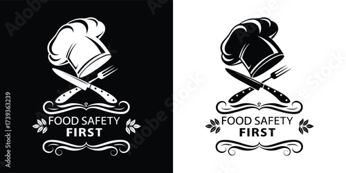Food safety first emblem with chef hat, knife, and fork, presented in both black and white versions for versatile design applications