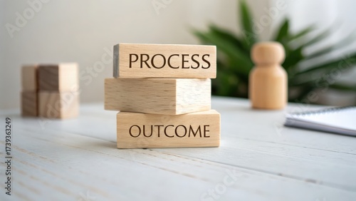 Wooden blocks illustrating process and outcome on a bright workspace