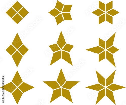 Gold geometric star vector set with 4 5 6 points
