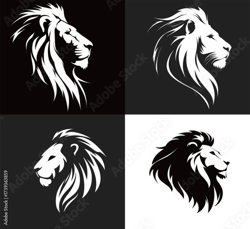 Four unique lion head designs are displayed in black and white, showcasing different styles and artistic interpretations of this majestic animal.