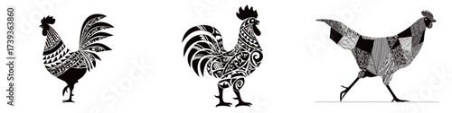 Three distinct chicken designs are showcased, featuring various patterns and styles, blending traditional elements with modern art. Each chicken has a unique personality.