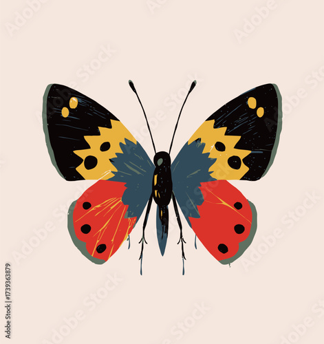 A beautifully designed butterfly features bright red, yellow, and black colors with distinct patterns. It stands out against a light background, showcasing artful details.