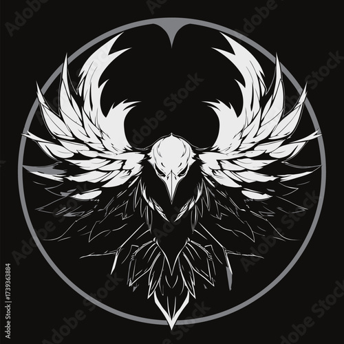 An artistic representation of an eagle with striking black and white feathers. The eagle is depicted with expansive wings, showcasing detailed patterns against a dark background.