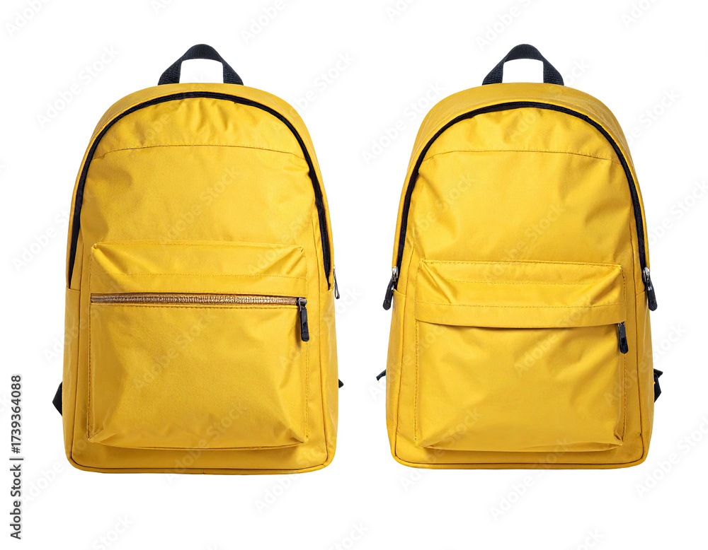 Fototapeta premium Two identical, vibrant yellow backpacks, front view, isolated on black background