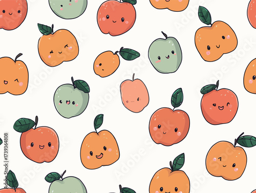 A fun pattern features various fruits with smiling faces including oranges, apples, and peaches. The playful design creates a joyful atmosphere suitable for all ages.
