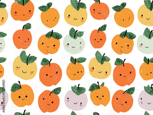 A playful arrangement of cartoon-style fruit with happy faces, including oranges and apples, creates a fun, bright pattern on a white background.