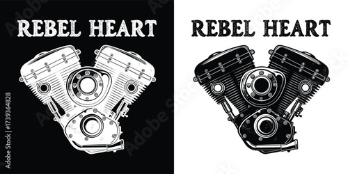 Detailed illustration of a vtwin motorcycle engine, featuring the text rebel heart, presented in both black and white versions for diverse design needs