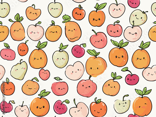 A vibrant pattern showcases various fruits with happy faces, including apples, oranges, and grapes, against a light background, bringing joy to any space.