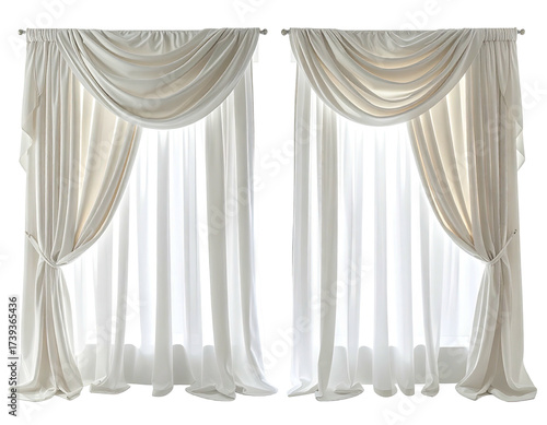 Two ivory window curtains, draped elegantly, with flowing sheer panels behind