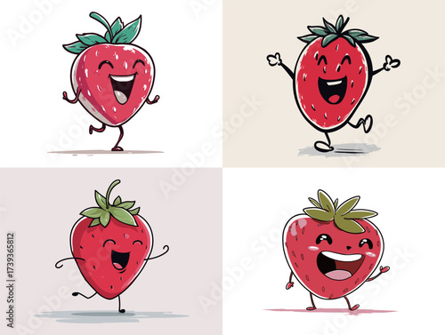 Four cartoon strawberries are showing their happiness through various cheerful expressions and playful poses. Each character brings a unique smile to life in vibrant colors.