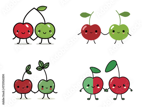 Four cheerful cartoon cherries interact in a playful manner. The characters display cute expressions while showcasing different poses and colors, bringing joy and fun.