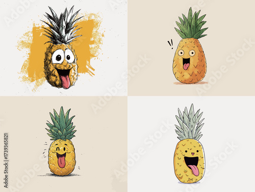 Four colorful cartoon pineapples display a range of joyful expressions. Each pineapple has unique features, including playful eyes and smiles, adding a whimsical touch.