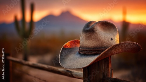 Western cowboy hat on fence in desert at sunrise
