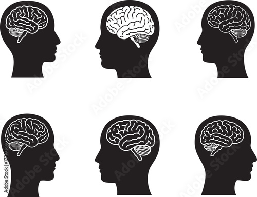 Six silhouette profiles of human heads showing detailed brain anatomy in white