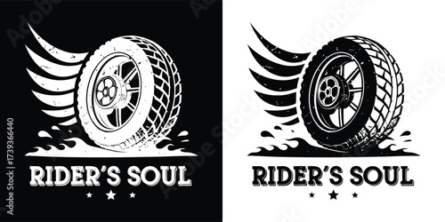 Motorcycle wheel with wings and the text riders soul, black and white graphic