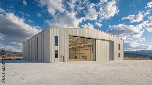 Modern white aircraft hangar with open doors in industrial airport area