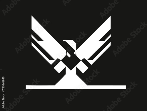This artwork showcases a modern emblem with a stylized eagle in black and white. The geometric design emphasizes strength and power, ideal for branding.