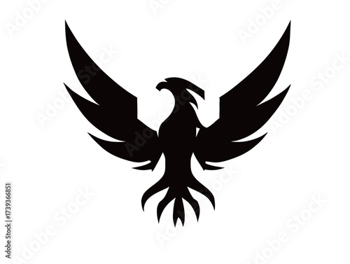 A striking black silhouette of a phoenix with grand wings spread wide. The design captures the essence of rebirth and strength, showcasing intricate details.