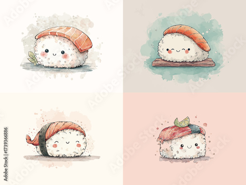 Four adorable sushi characters display various toppings and smiling faces.