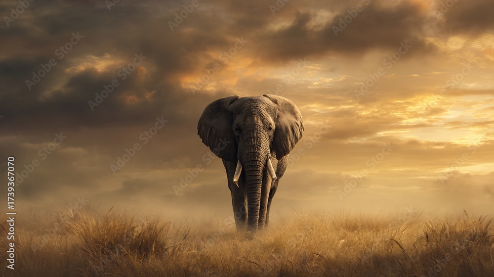 Obraz premium African elephant walking through a golden savanna at sunset with a dramatic cloudy sky.