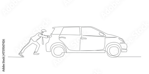Man Pushing Car, One Line Drawing, Vector Illustration.