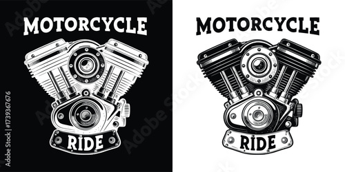 Motorcycle engine illustration, symbol for ride and power, black and white