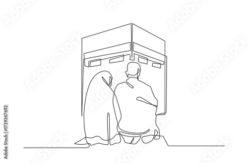 Kaaba Pilgrims One Line Drawing Vector Illustration.