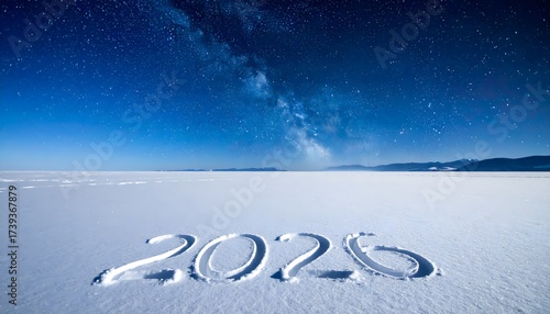 Magical 2026 New Year's Eve under the stars on a snowy landscape, a celebration of hope and future dreams under a vibrant, celestial night sky