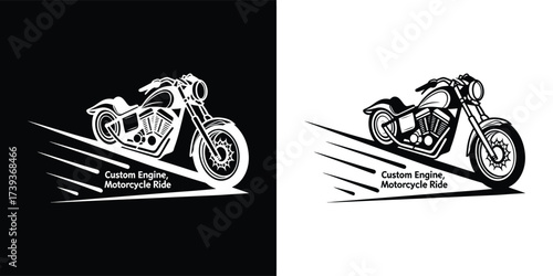 A stylized illustration of a custom motorcycle in motion, with speed lines suggesting movement and a sense of power, presented in both black and white versions