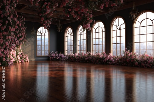 Wallpaper Mural An elegant room with large arched windows, adorned by roses. Hardwood floor reflects light Torontodigital.ca