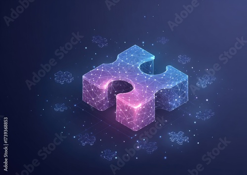 Isometric view of a large puzzle piece with a connecting web and smaller floating pieces, vibrant hues