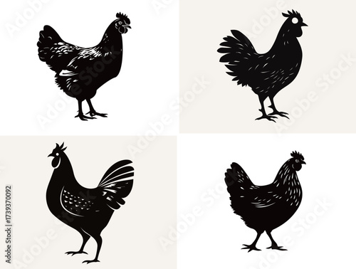 Four distinct silhouettes of chickens are displayed in a simple and clean design. Each chicken poses uniquely, showcasing their shapes and features effectively.