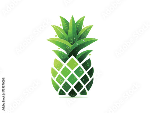 A vibrant and fresh green pineapple sits upright against a clean white backdrop, featuring realistic water droplets that add a refreshing touch.
