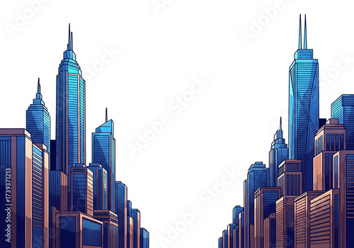 Stylized cityscape with sharp, modern skyscrapers against a dark background.
