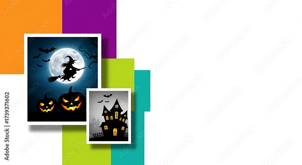 Fototapeta premium A Halloween-themed collage of pumpkin faces, a witch, and a haunted house.
