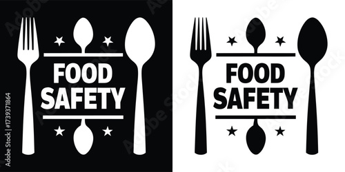 Food safety emblem with fork, spoon, and stars, presented in black and white, emphasizing the importance of hygiene and standards in the food industry
