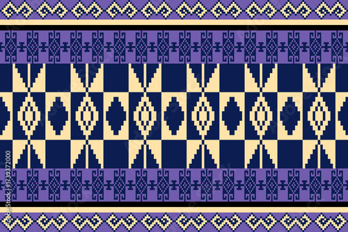 Blue-Purple Tone Traditional Embroidery Art Abstract with Pixel Art Designs for Textile Print