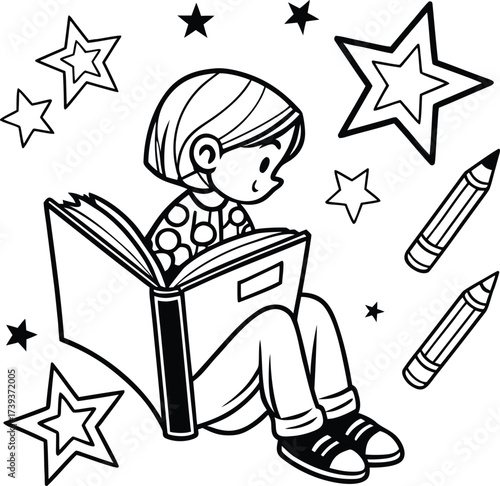 A vector illustration shows a smiling girl, boy, and little girl reading books at a desk, representing childhood education and learning for school students