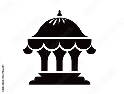 A decorative gazebo is designed with a dome and arches. The silhouette showcases intricate details, making it visually appealing and suitable for outdoor settings.