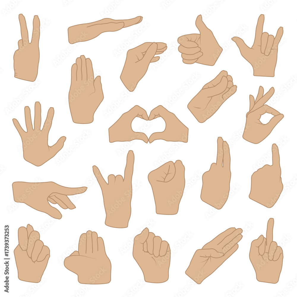 Fototapeta premium Vector set of hand gestures in different poses, cartoon style illustration with isolated signs and symbols, communication and expression concept.