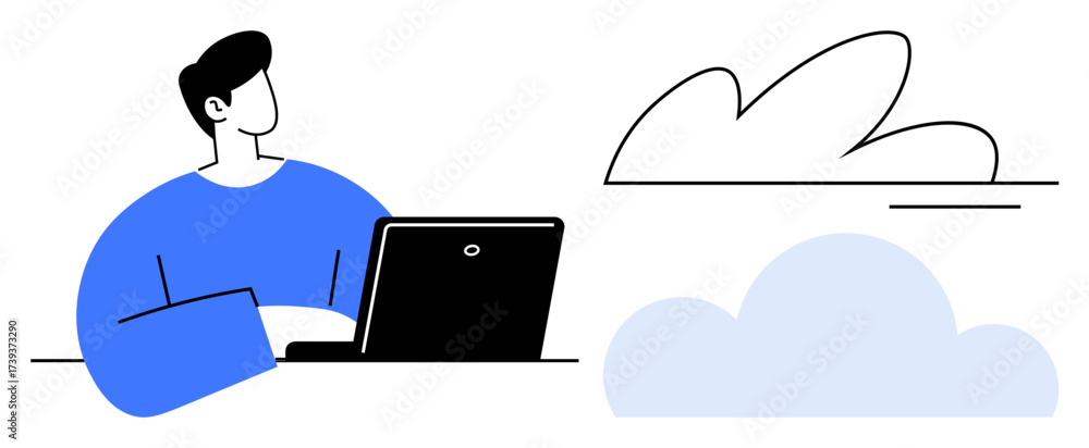 custom made wallpaper toronto digitalIndividual working on laptop with cloud shapes nearby, reflecting online storage, remote work. Ideal for technology, innovation, productivity, education, communication, digital transformation simple