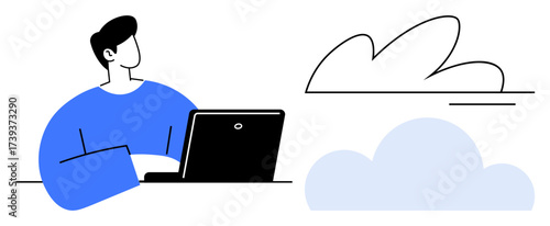Wallpaper Mural Individual working on laptop with cloud shapes nearby, reflecting online storage, remote work. Ideal for technology, innovation, productivity, education, communication, digital transformation simple Torontodigital.ca