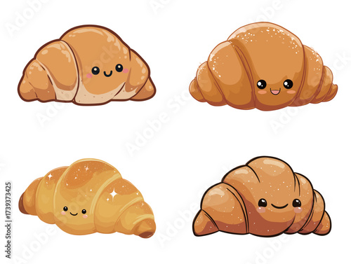Four cartoon croissants are shown, each with a unique happy expression. The croissants have a shiny golden color and a playful design, adding a cheerful vibe.