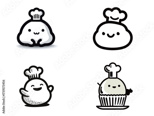 Four cheerful cartoon chef characters with cute faces showcase their cooking skills. Each chef wears a traditional hat and engages in playful culinary activities.