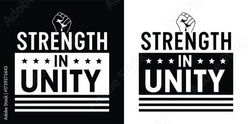 Strength in unity graphic with raised fist and stars, presented in both black and white versions, symbolizing solidarity and collective power