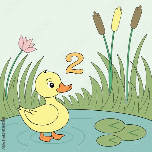 Cute yellow cartoon duck with ducklings in the grass; a vector illustration of a happy spring farm animal with baby chicks near a lake